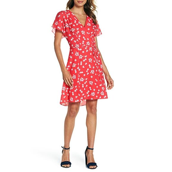 French Connection Women's Verona Saffron Red Floral Wrap Dress Size 0 - Picture 1 of 6